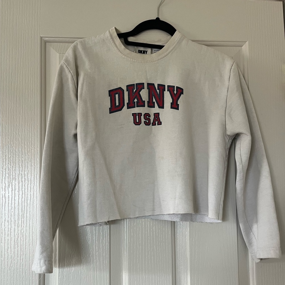 DKNY White and Red Sweatshirt Cropped Crewneck